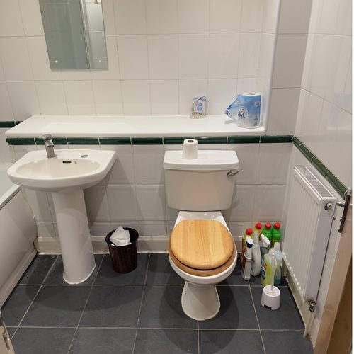 Cluttered bathroom before cleaning