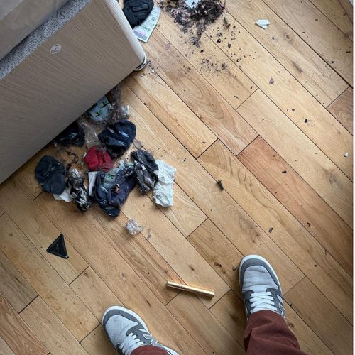 Trashed bedroom floor with debris